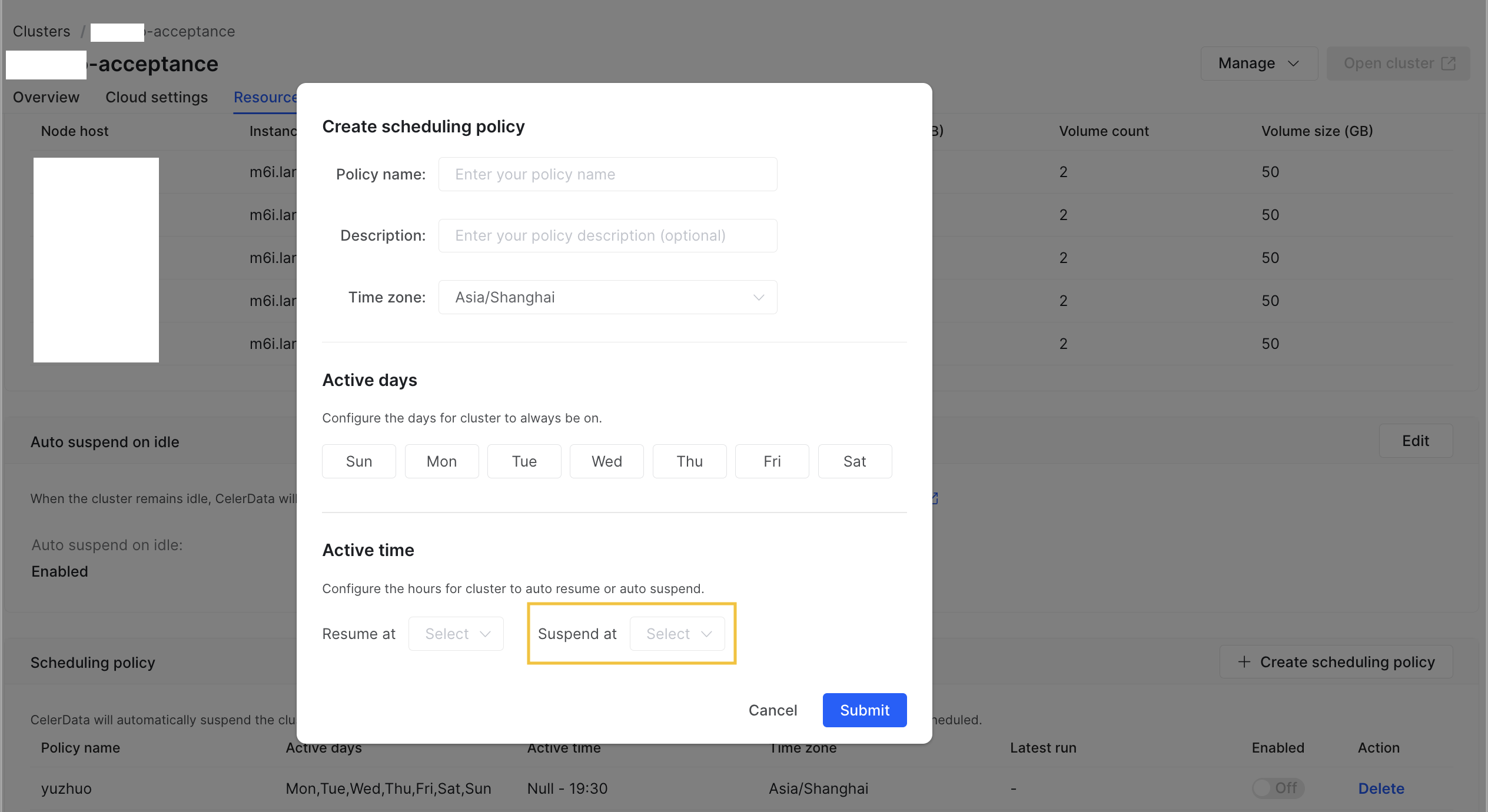 Create scheduling policy - Suspend