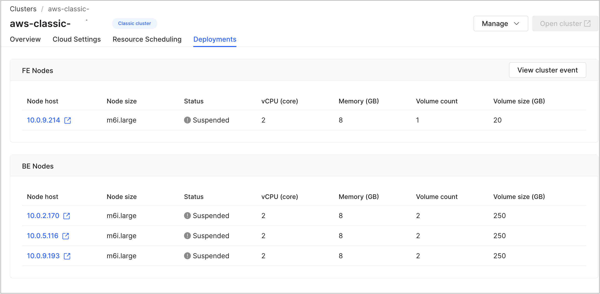 View Clusters - Deployments - Classic cluster