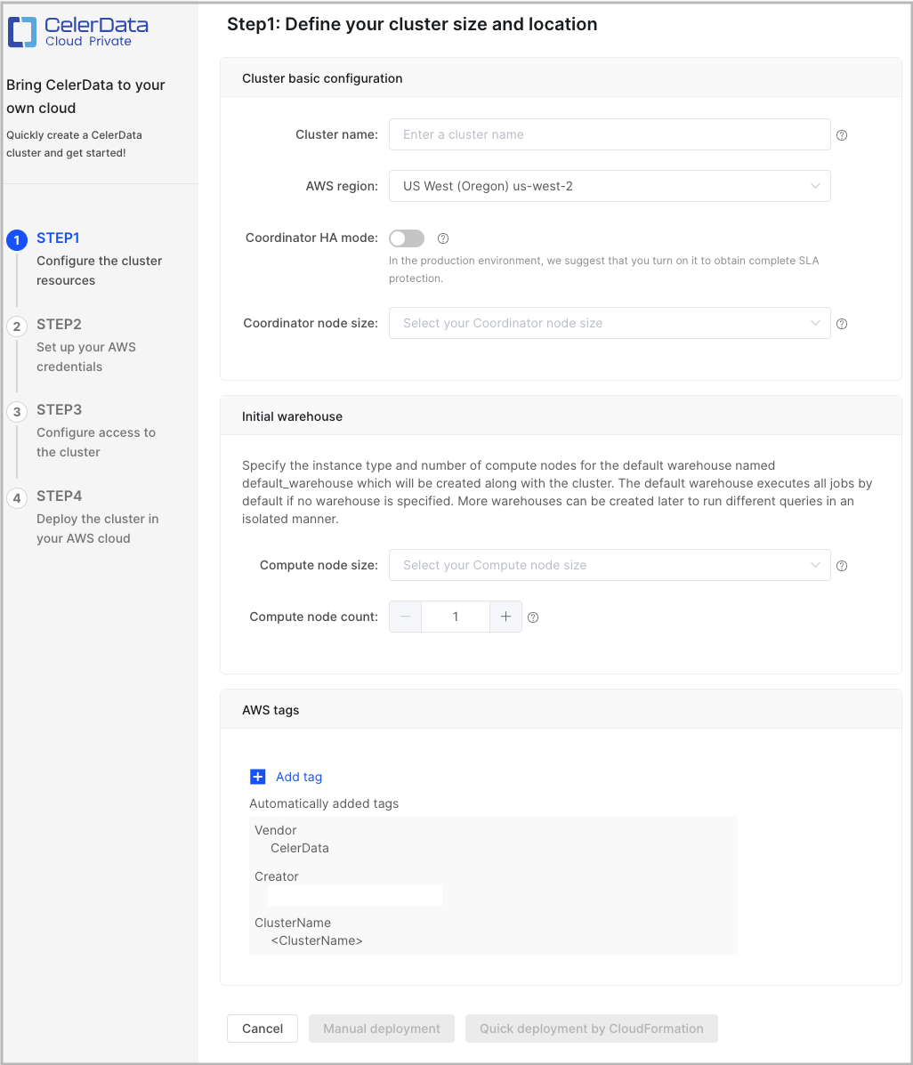 Create Cluster - Step 1 - Elastic Cluster