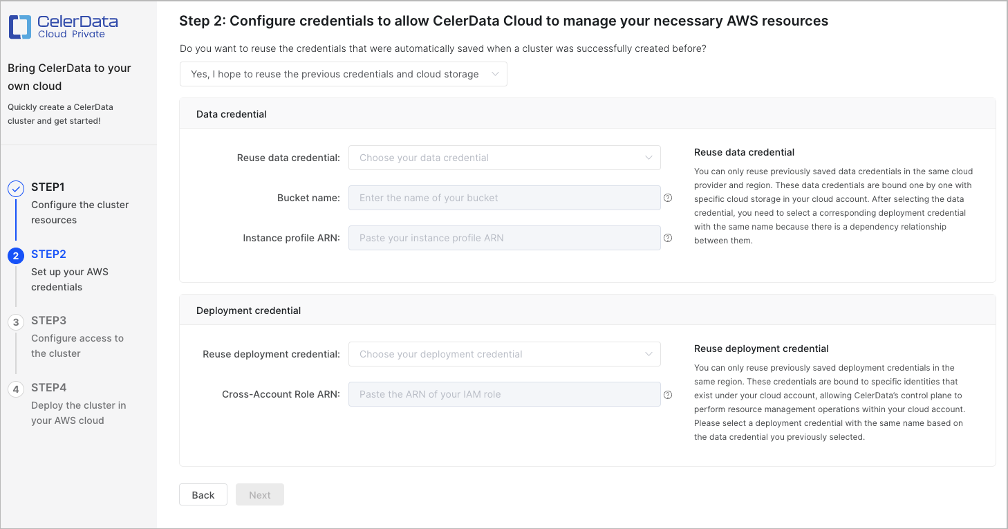 Create Cluster - Step 2 - Select existing credentials