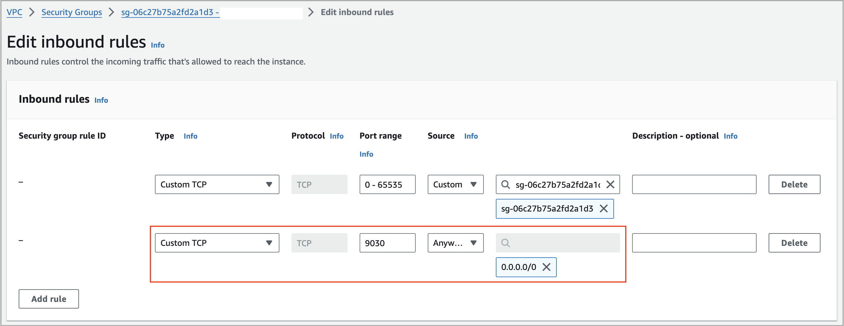 Edit inbound rules - for endpoint-based access