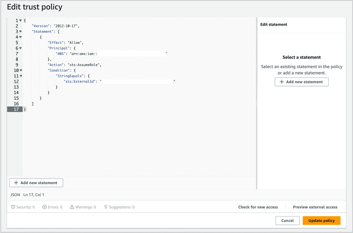 Create IAM integration - Edit trust policy in AWS console