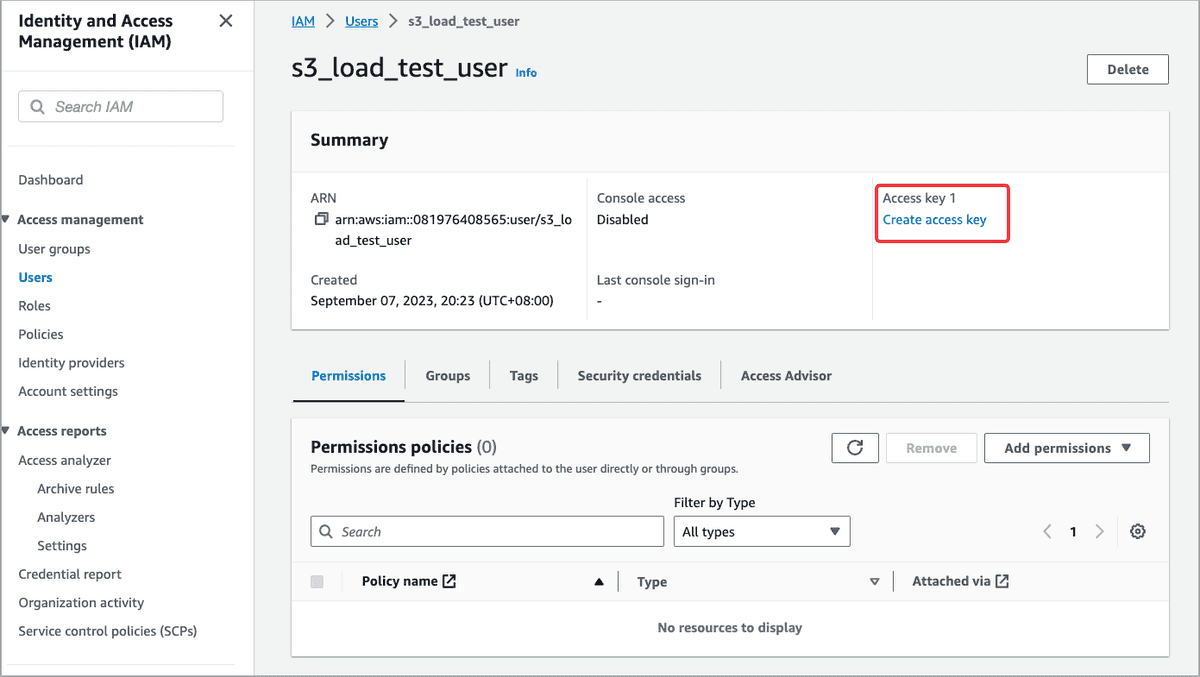 IAM user - Create access key